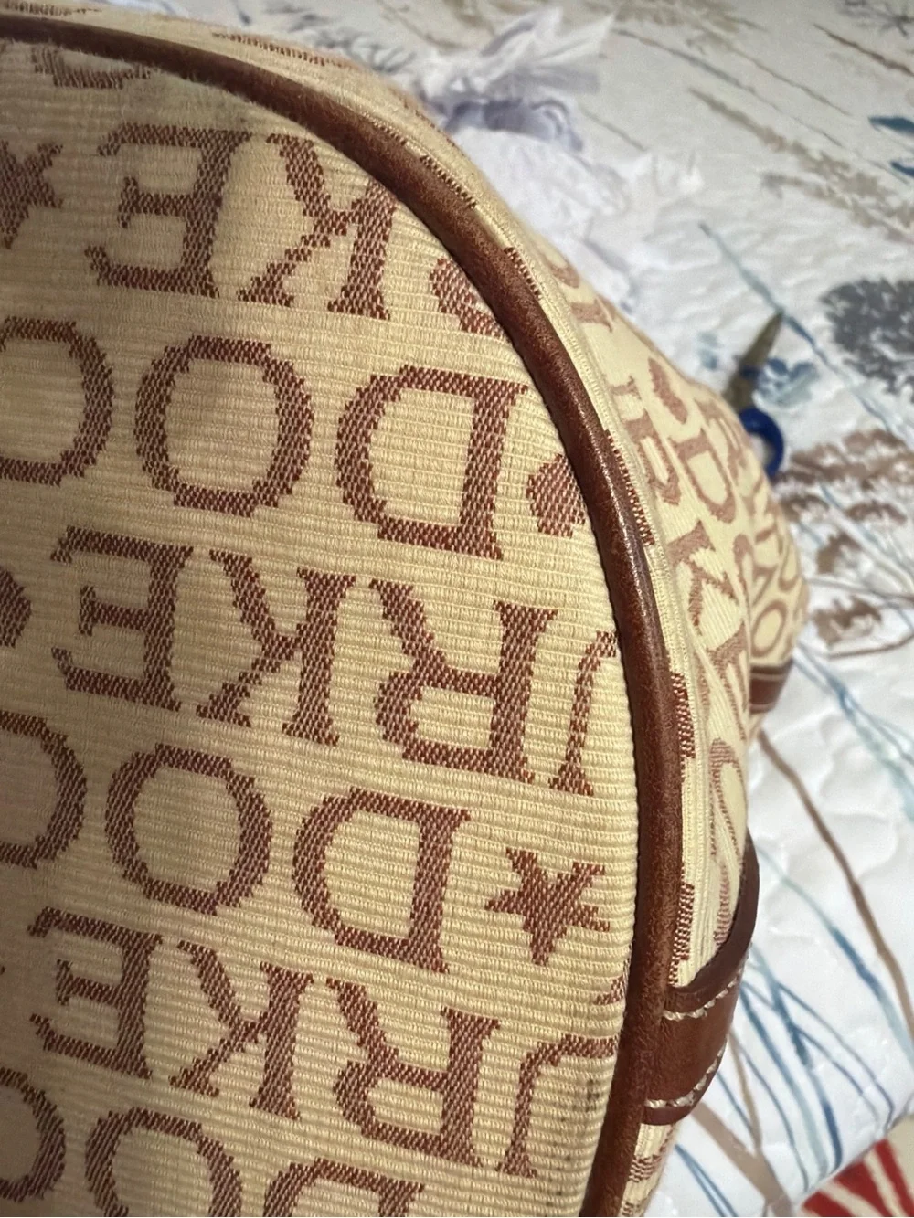 Vintage Dooney & Bourke Full Name Logo Canvas Shoulder Bag Brown Leather